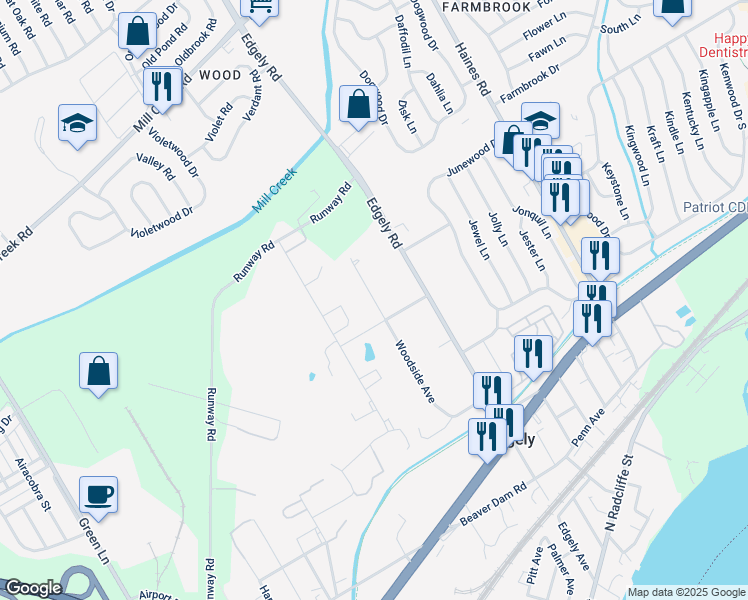 map of restaurants, bars, coffee shops, grocery stores, and more near 58 Woodside Avenue in Levittown