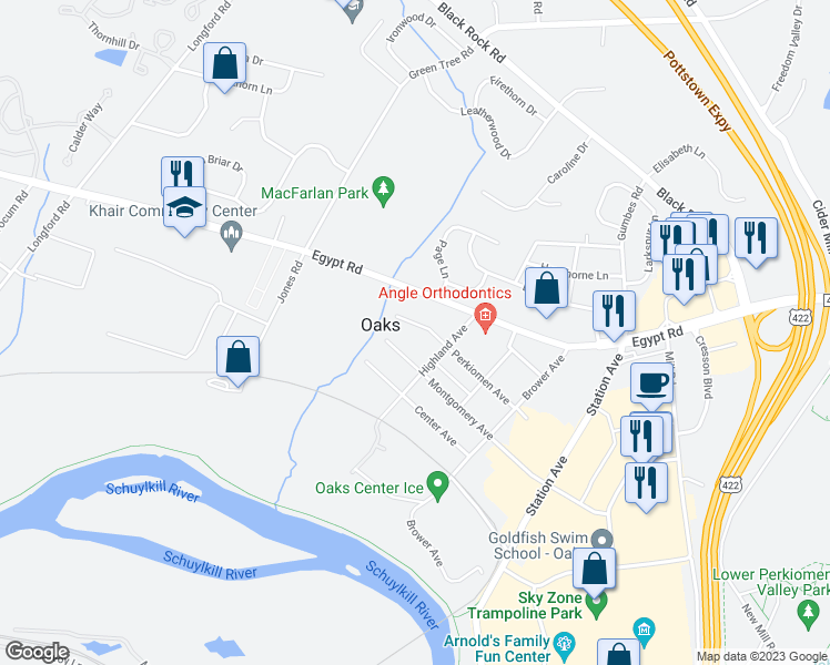 map of restaurants, bars, coffee shops, grocery stores, and more near 412 Perkiomen Avenue in Phoenixville