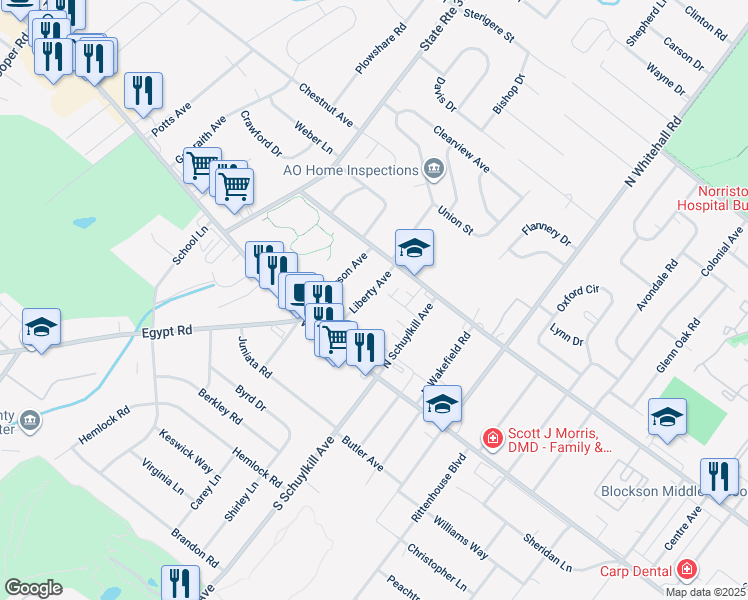 map of restaurants, bars, coffee shops, grocery stores, and more near 48 Liberty Avenue in Eagleville