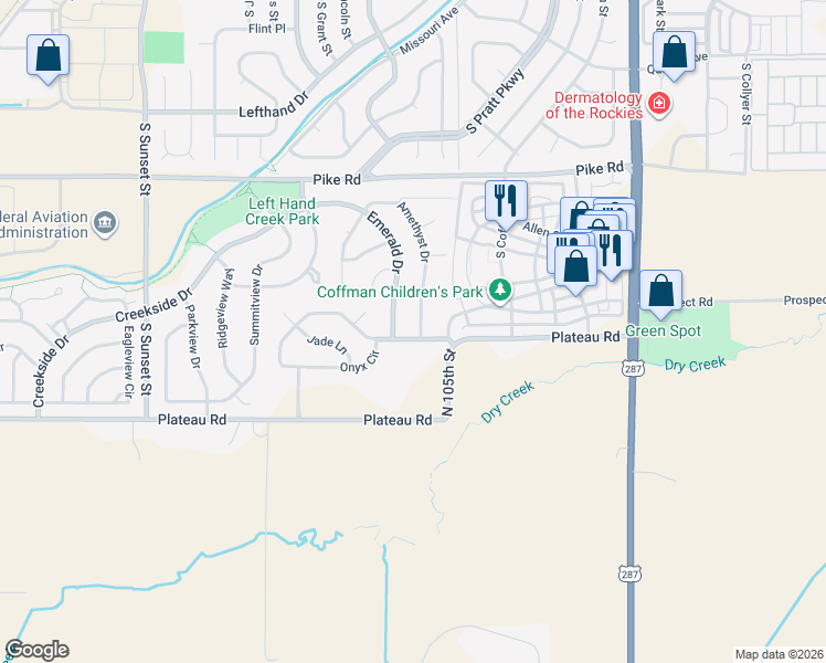 map of restaurants, bars, coffee shops, grocery stores, and more near 2101 Amethyst Drive in Longmont