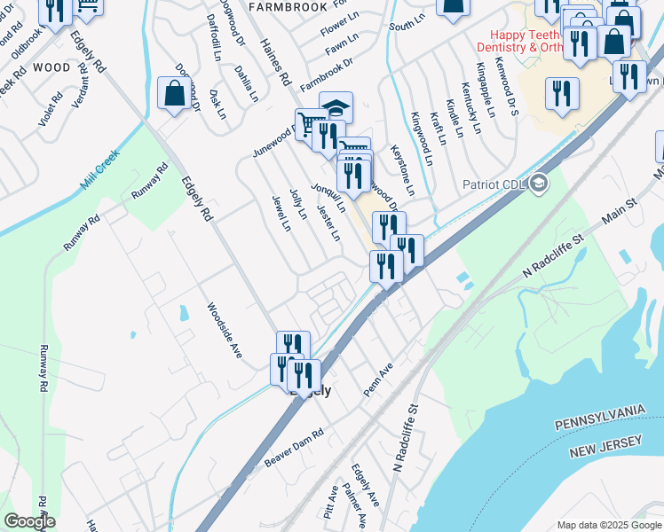 map of restaurants, bars, coffee shops, grocery stores, and more near 41 Junewood Drive in Levittown
