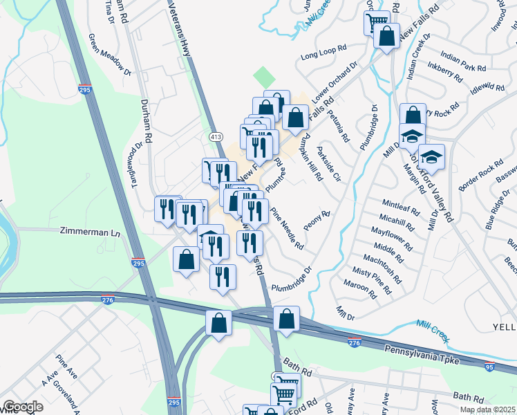 map of restaurants, bars, coffee shops, grocery stores, and more near 72 Plumtree Road in Levittown