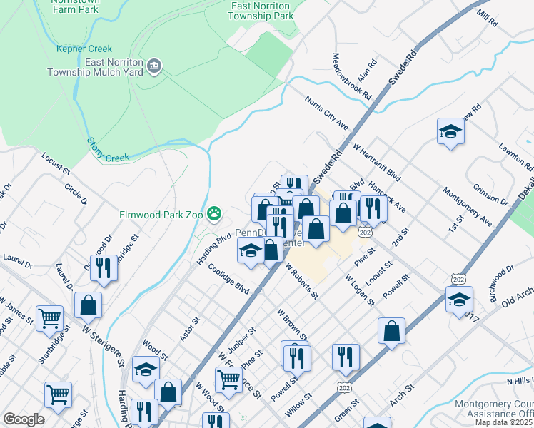 map of restaurants, bars, coffee shops, grocery stores, and more near 1710 Harding Boulevard in Norristown