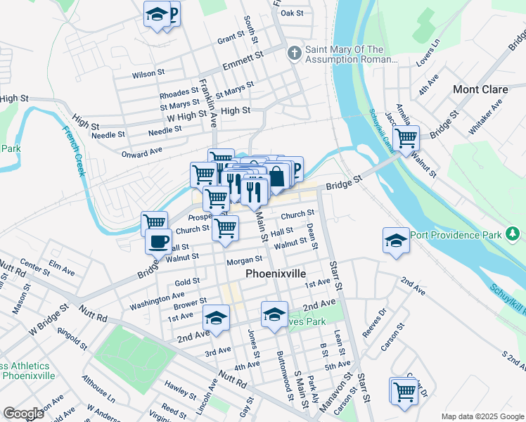 map of restaurants, bars, coffee shops, grocery stores, and more near 202 Bridge Street in Phoenixville