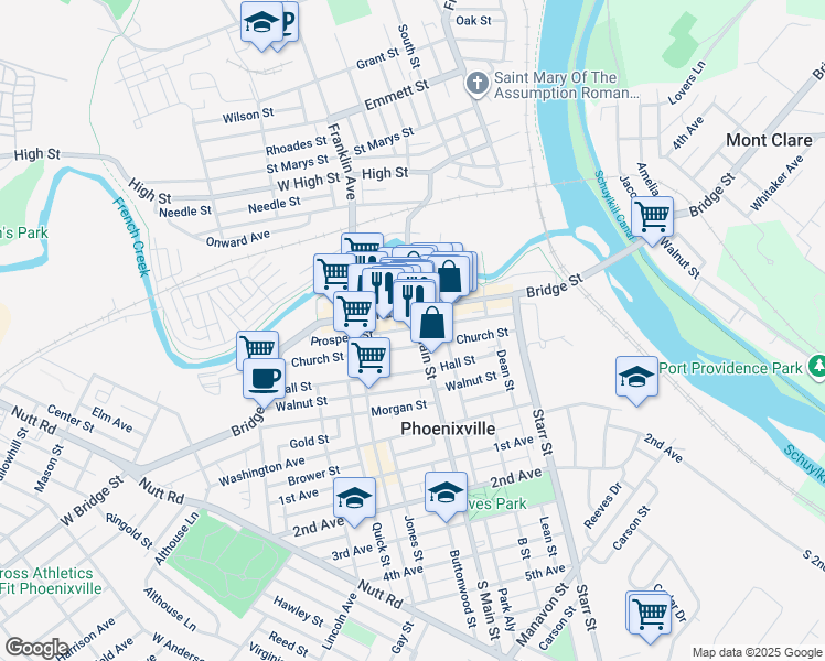map of restaurants, bars, coffee shops, grocery stores, and more near 202 Bridge Street in Phoenixville