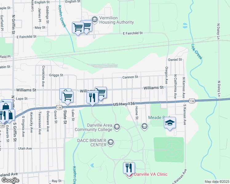 map of restaurants, bars, coffee shops, grocery stores, and more near 101-199 Indiana Street in Danville