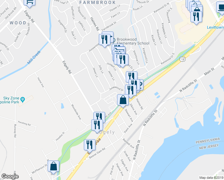 map of restaurants, bars, coffee shops, grocery stores, and more near 41 Junewood Drive in Levittown