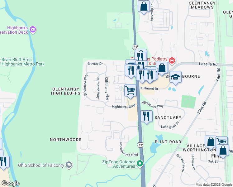 map of restaurants, bars, coffee shops, grocery stores, and more near 8340 Linton Boulevard in Columbus