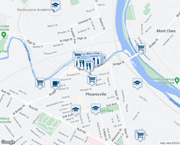 map of restaurants, bars, coffee shops, grocery stores, and more near 17 South Main Street in Phoenixville