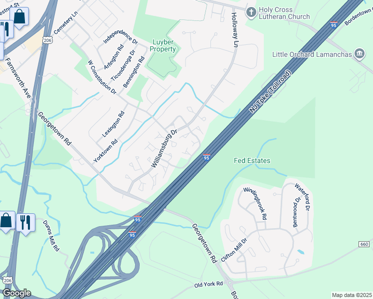 map of restaurants, bars, coffee shops, grocery stores, and more near 10 Plymouth Court in Bordentown