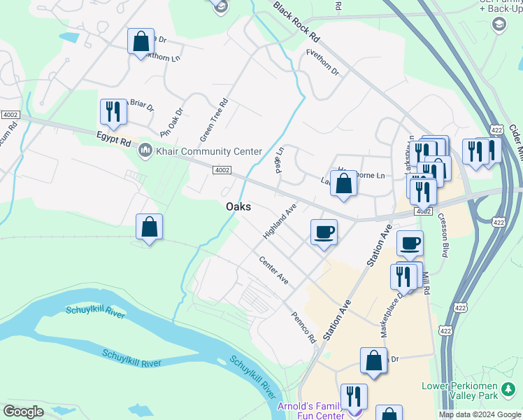 map of restaurants, bars, coffee shops, grocery stores, and more near 412 Perkiomen Avenue in Phoenixville