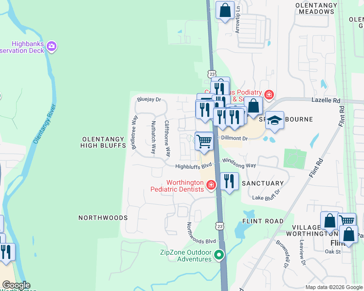 map of restaurants, bars, coffee shops, grocery stores, and more near 8402 Cliffthorne Way in Columbus
