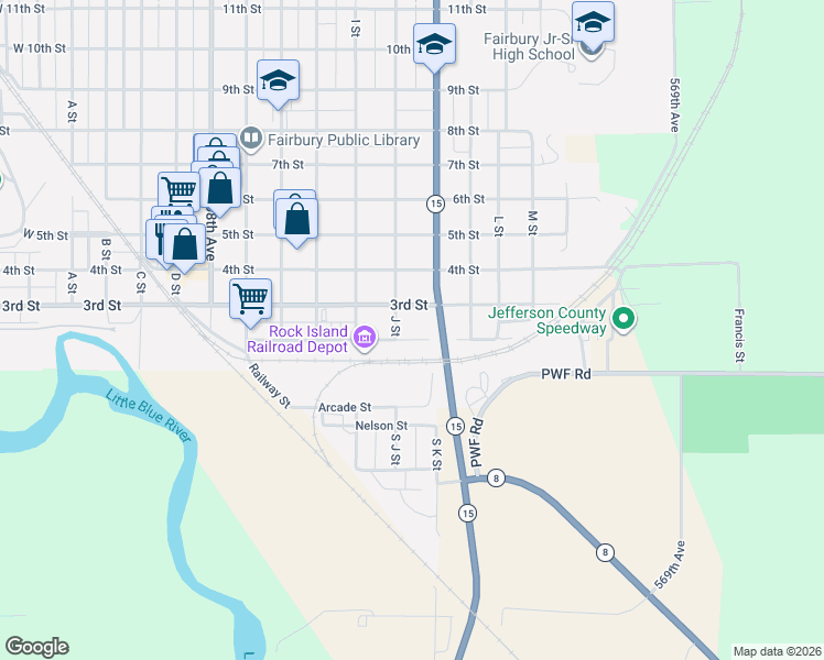 map of restaurants, bars, coffee shops, grocery stores, and more near 1026 3rd Street in Fairbury