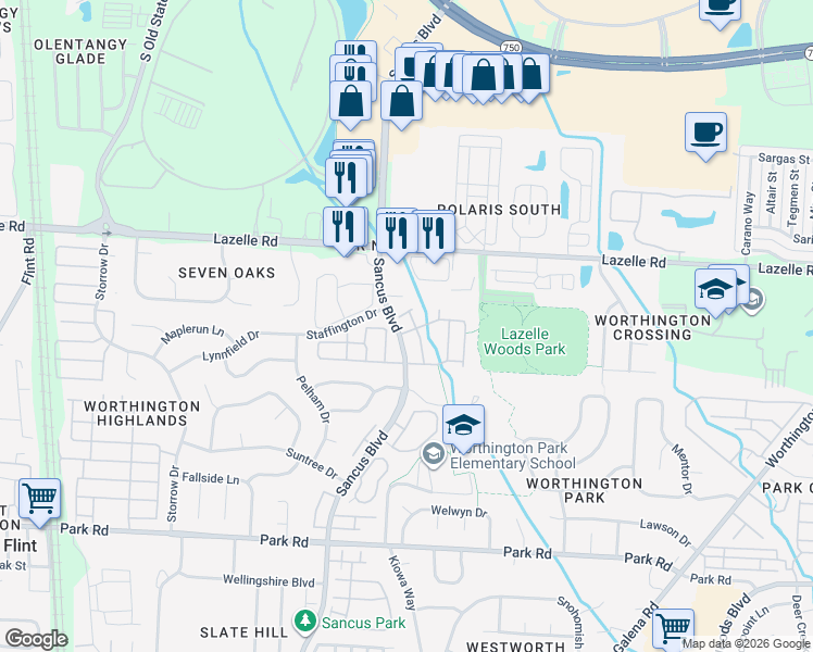map of restaurants, bars, coffee shops, grocery stores, and more near 8226 Baltimore Avenue in Columbus