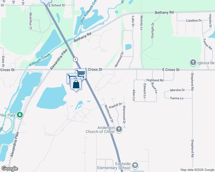 map of restaurants, bars, coffee shops, grocery stores, and more near 1808 South Cross Lakes Circle in Anderson