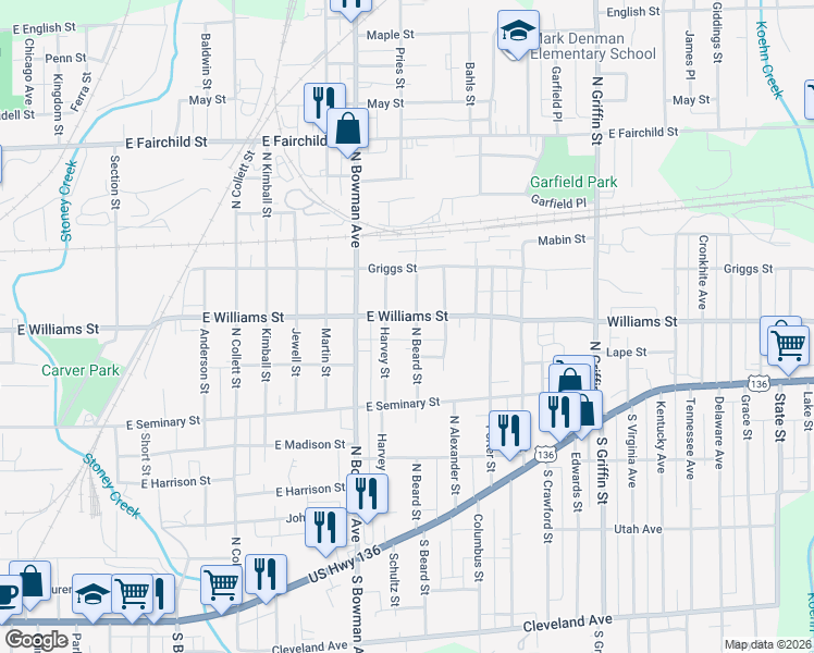 map of restaurants, bars, coffee shops, grocery stores, and more near 601-699 Harvey Street in Danville