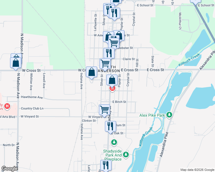 map of restaurants, bars, coffee shops, grocery stores, and more near 1840 Silver Street in Anderson