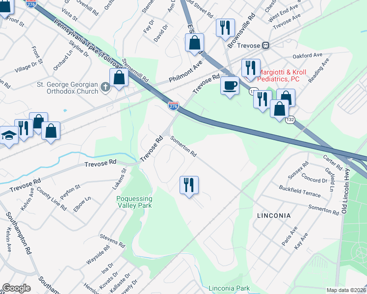 map of restaurants, bars, coffee shops, grocery stores, and more near 4701 Somerton Road in Bucks County
