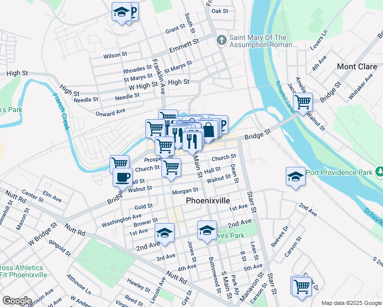 map of restaurants, bars, coffee shops, grocery stores, and more near 202 Bridge Street in Phoenixville