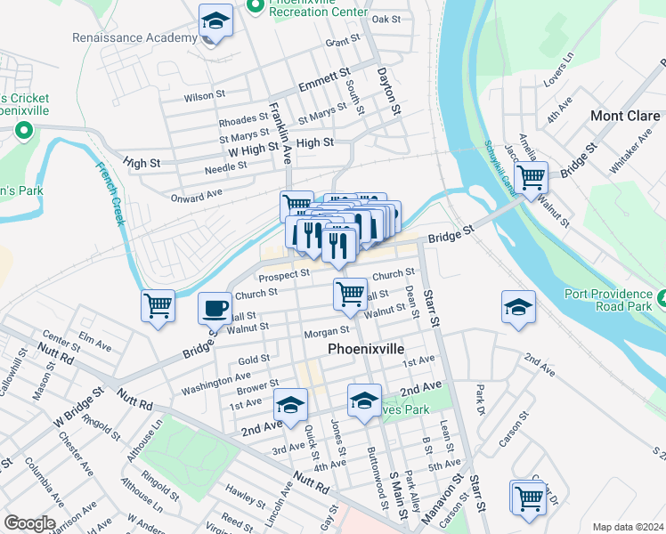 map of restaurants, bars, coffee shops, grocery stores, and more near 202 Bridge Street in Phoenixville