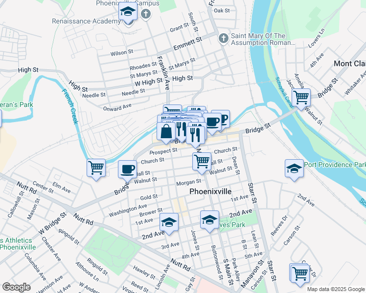 map of restaurants, bars, coffee shops, grocery stores, and more near 227 Bridge Street in Phoenixville