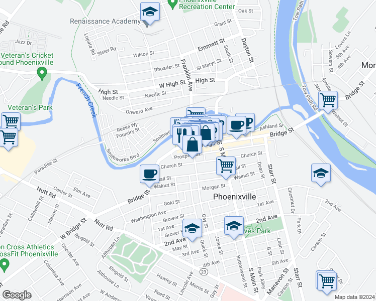 map of restaurants, bars, coffee shops, grocery stores, and more near in Phoenixville