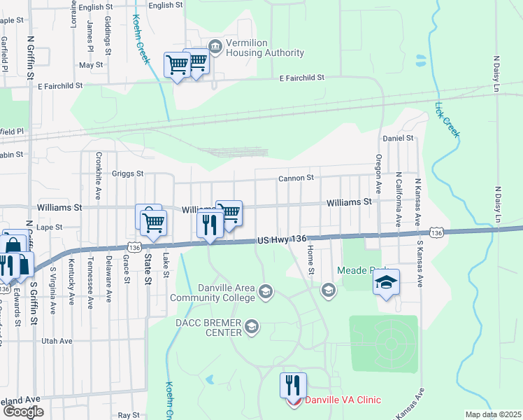 map of restaurants, bars, coffee shops, grocery stores, and more near 101-199 Indiana Street in Danville