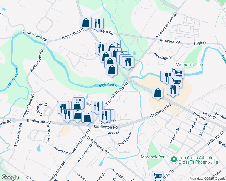map of restaurants, bars, coffee shops, grocery stores, and more near 1005 Township Line Road in Phoenixville