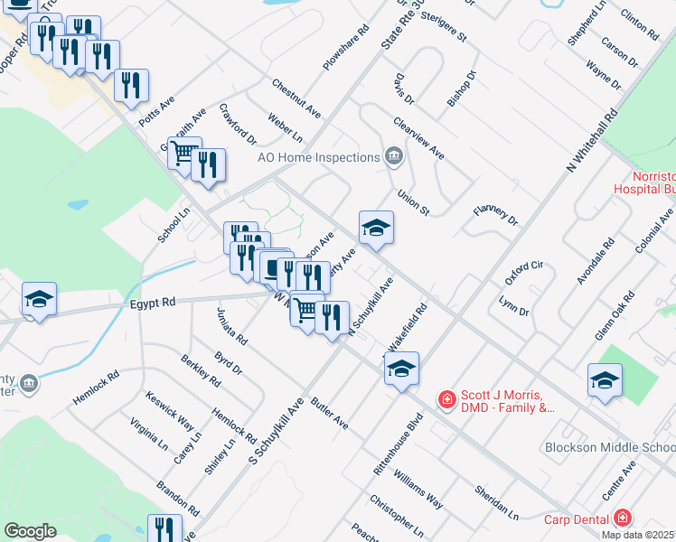 map of restaurants, bars, coffee shops, grocery stores, and more near 48 Liberty Avenue in Eagleville