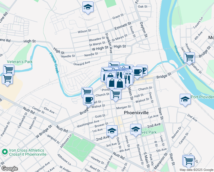 map of restaurants, bars, coffee shops, grocery stores, and more near in Phoenixville