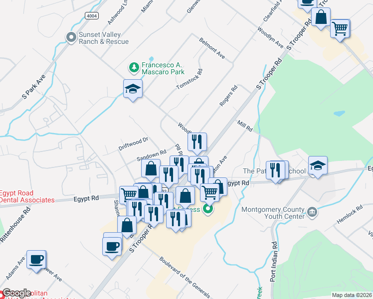 map of restaurants, bars, coffee shops, grocery stores, and more near 2614A Woodland Avenue in Trooper