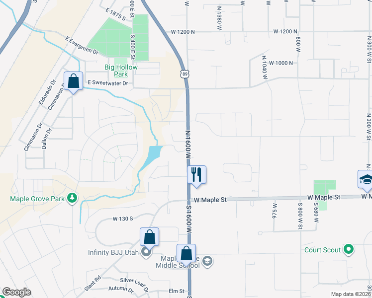 map of restaurants, bars, coffee shops, grocery stores, and more near 425 North 1600 West in Mapleton