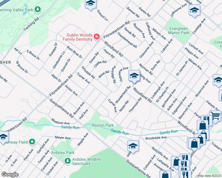 map of restaurants, bars, coffee shops, grocery stores, and more near 2825 Grisdale Road in Abington