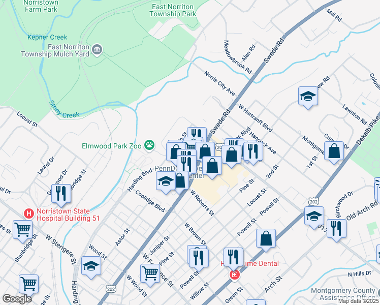 map of restaurants, bars, coffee shops, grocery stores, and more near 331 West Logan Street in Norristown