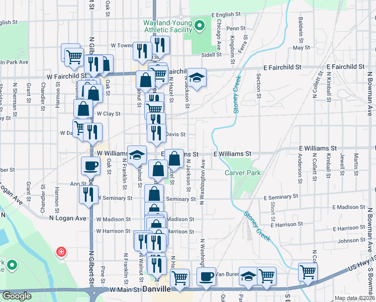 map of restaurants, bars, coffee shops, grocery stores, and more near 516 North Jackson Street in Danville