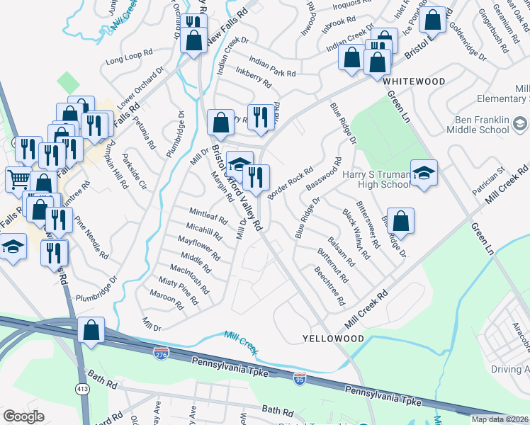 map of restaurants, bars, coffee shops, grocery stores, and more near 31 Border Rock Road in Levittown
