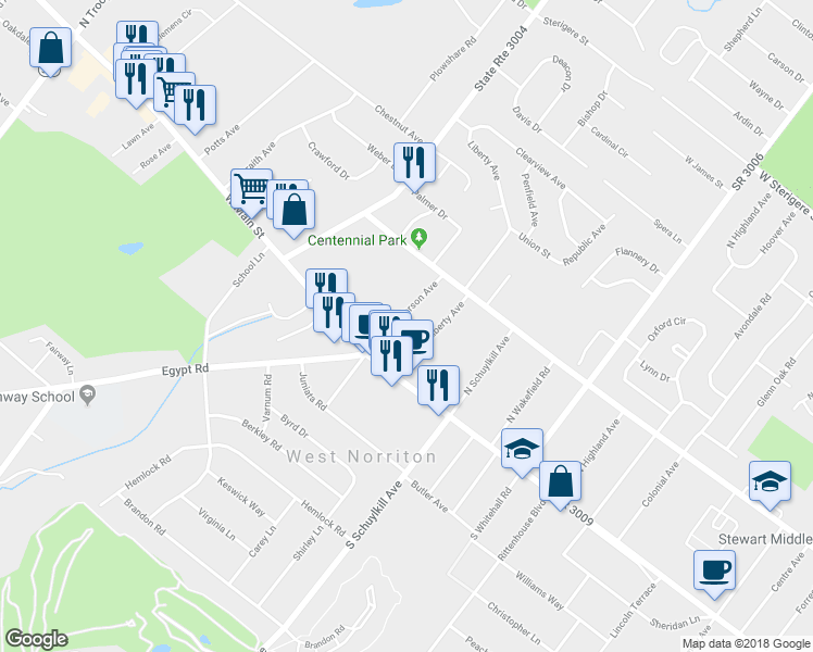 map of restaurants, bars, coffee shops, grocery stores, and more near 54 Jefferson Avenue in Eagleville