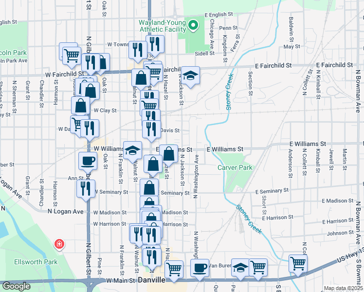map of restaurants, bars, coffee shops, grocery stores, and more near 516 North Jackson Street in Danville