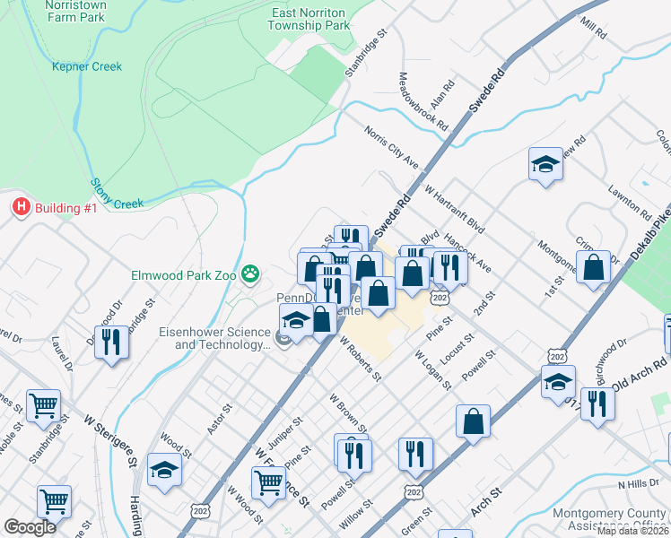 map of restaurants, bars, coffee shops, grocery stores, and more near 407 West Logan Street in Norristown