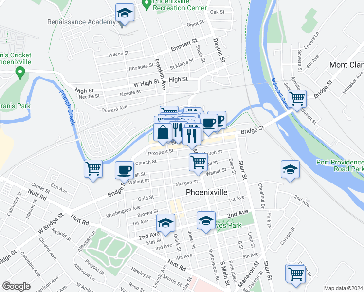 map of restaurants, bars, coffee shops, grocery stores, and more near 227 Bridge Street in Phoenixville