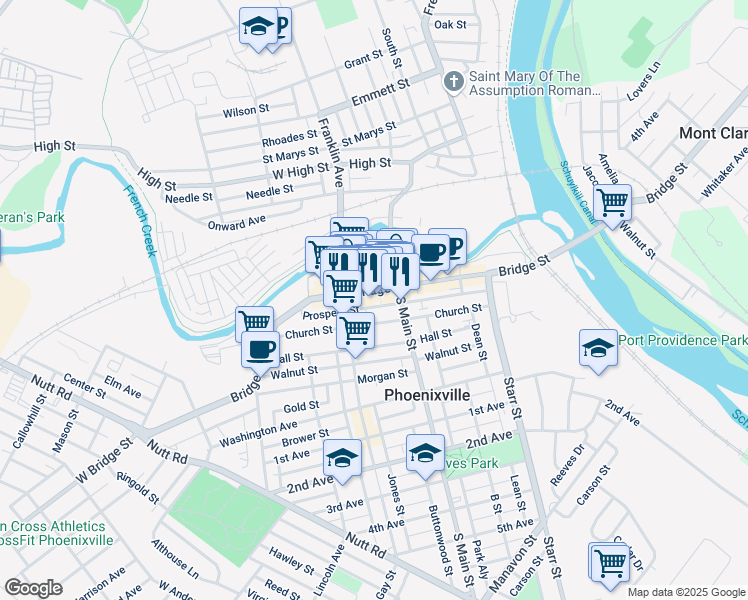 map of restaurants, bars, coffee shops, grocery stores, and more near 227 Bridge Street in Phoenixville