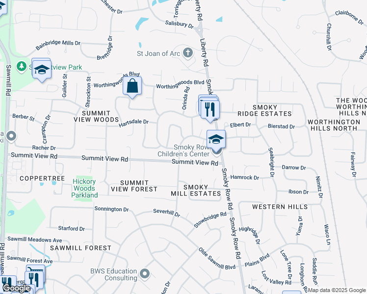 map of restaurants, bars, coffee shops, grocery stores, and more near 2168 Summit Row Boulevard in Powell