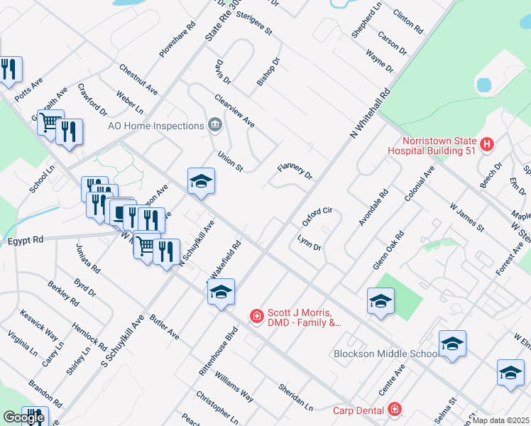 map of restaurants, bars, coffee shops, grocery stores, and more near 610 Middleton Place in Eagleville