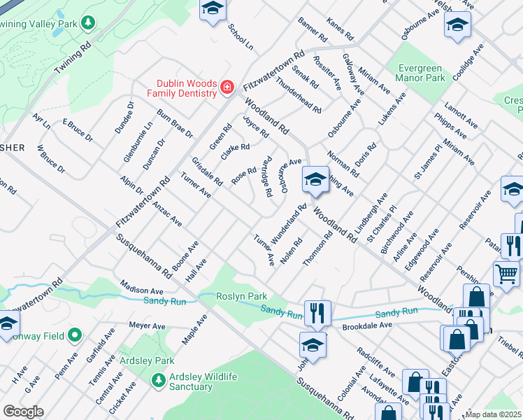 map of restaurants, bars, coffee shops, grocery stores, and more near 2825 Grisdale Road in Abington