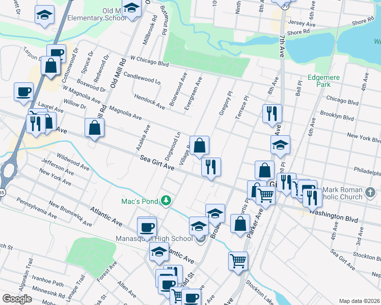 map of restaurants, bars, coffee shops, grocery stores, and more near 2186 Village Road in Sea Girt