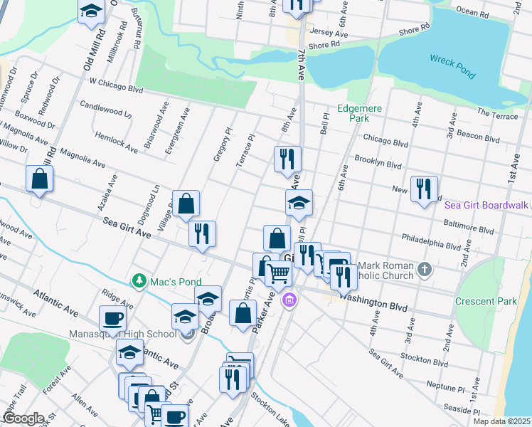 map of restaurants, bars, coffee shops, grocery stores, and more near 715 Philadelphia Boulevard in Sea Girt