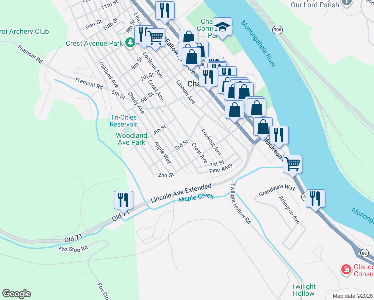 map of restaurants, bars, coffee shops, grocery stores, and more near 216 Crest Avenue in Charleroi
