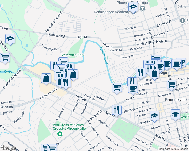 map of restaurants, bars, coffee shops, grocery stores, and more near 98 Paradise Street in Phoenixville