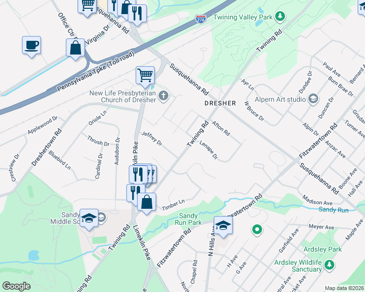 map of restaurants, bars, coffee shops, grocery stores, and more near 936 Twining Road in Dresher