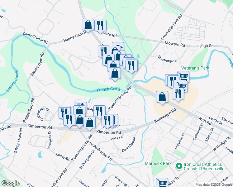 map of restaurants, bars, coffee shops, grocery stores, and more near 1005 Township Line Road in Phoenixville